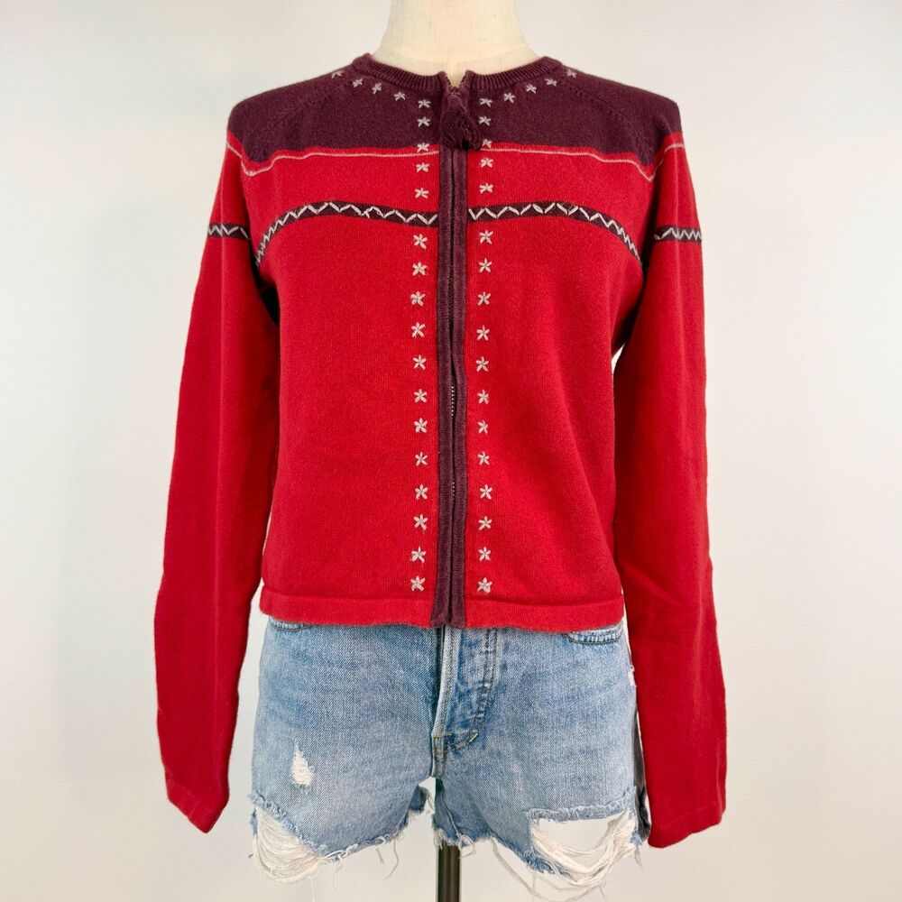 Vintage Red/Purple American Eagle Zip Up Jacket Fair Isle Cabin Cottage Core L